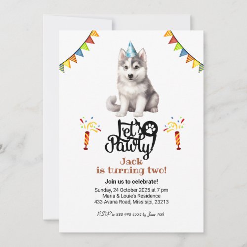 Siberian Husky Dog Hat Lets Pawty Birthday Invitation