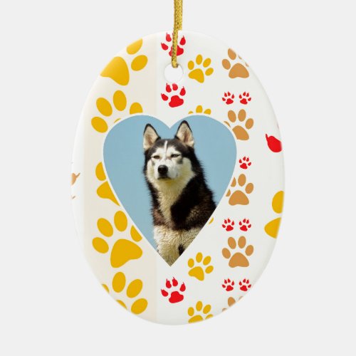 Siberian Husky Dog Heart Paws Print Ceramic Ornament