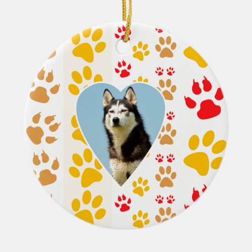 Siberian Husky Dog Heart Paws Print Ceramic Ornament