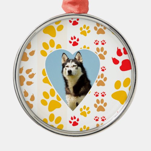 Siberian Husky Dog Heart Paws Print Metal Ornament