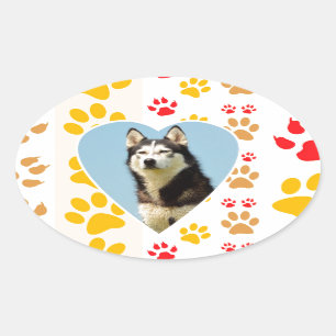 Siberian Husky Dog Heart Paws Print Oval Sticker