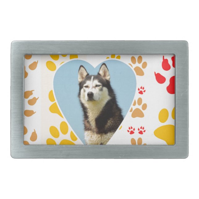 Siberian Husky Dog Heart Paws Print Rectangular Belt Buckle (Front)