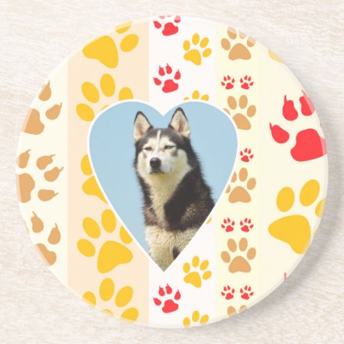 Siberian Husky Dog Heart Paws Print Sandstone Coaster
