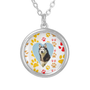 Siberian Husky Dog Heart Paws Print Silver Plated Necklace