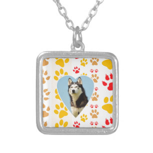 Siberian Husky Dog Heart Paws Print Silver Plated Necklace