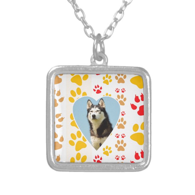 Siberian Husky Dog Heart Paws Print Silver Plated Necklace (Front)
