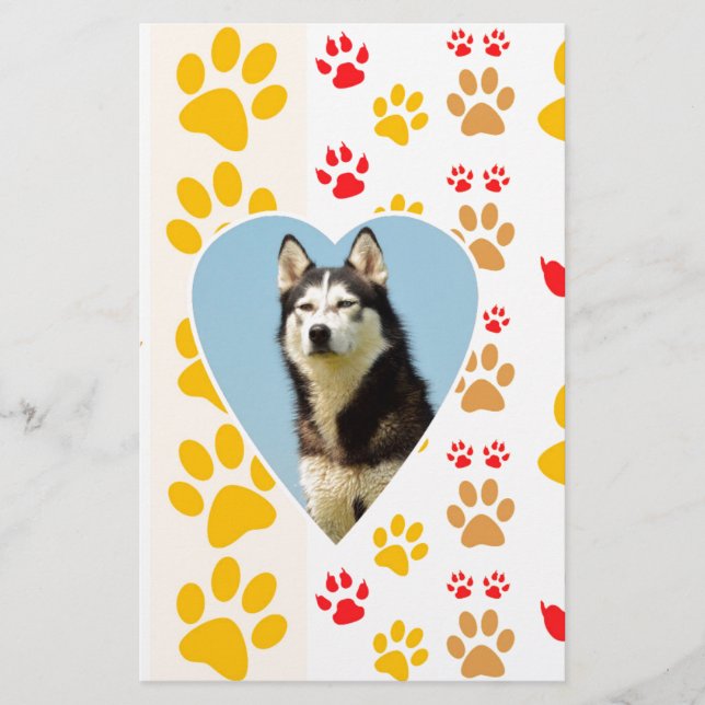 Siberian Husky Dog Heart Paws Print Stationery (Front)