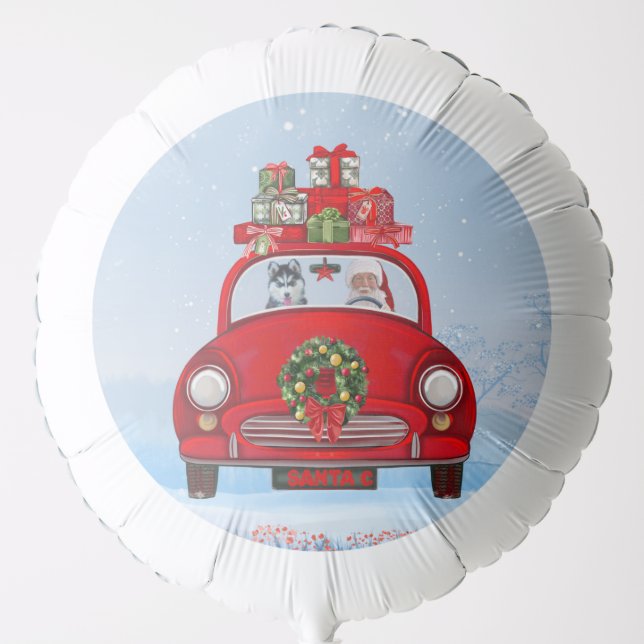 Siberian Husky Dog In Car With Santa Claus Balloon (Front)