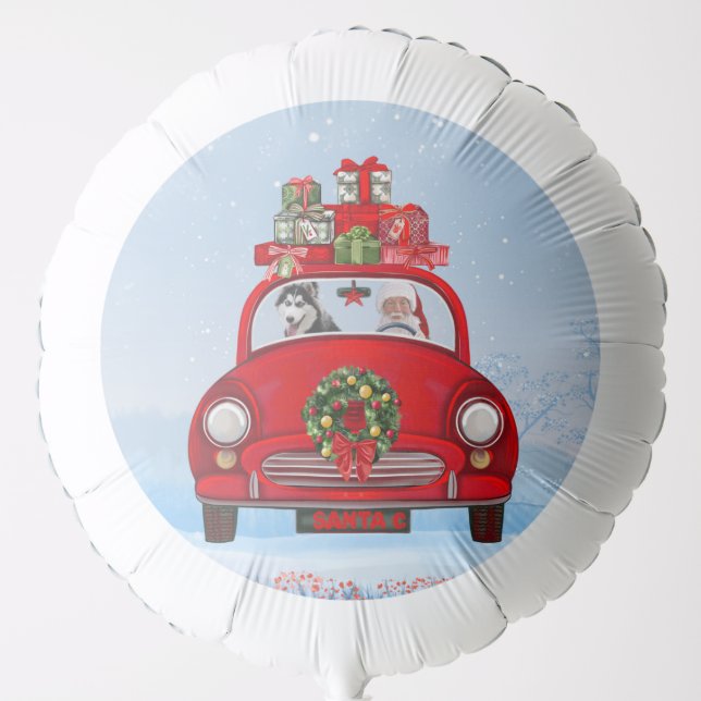 Siberian Husky Dog In Car With Santa Claus  Balloon (Front)