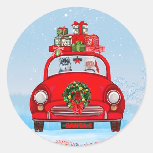 Siberian Husky Dog In Car With Santa Claus  Classic Round Sticker