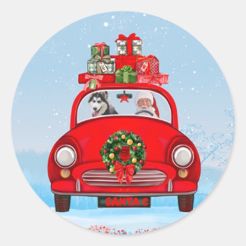 Siberian Husky Dog In Car With Santa Claus Classic Round Sticker