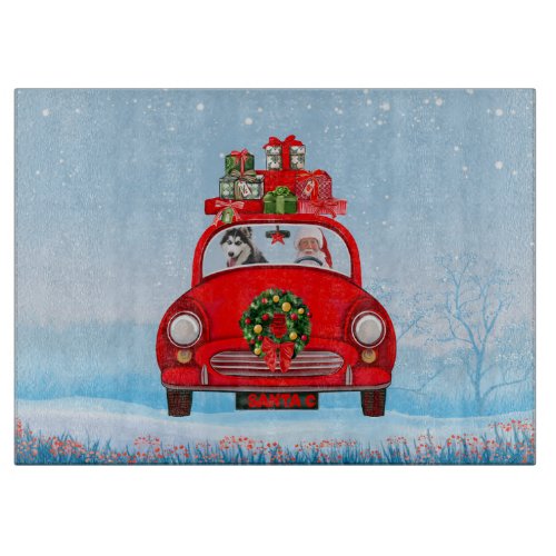 Siberian Husky Dog In Car With Santa Claus  Cutting Board