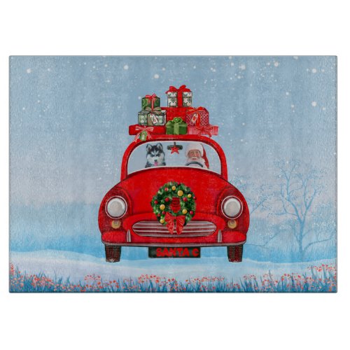 Siberian Husky Dog In Car With Santa Claus  Cutting Board