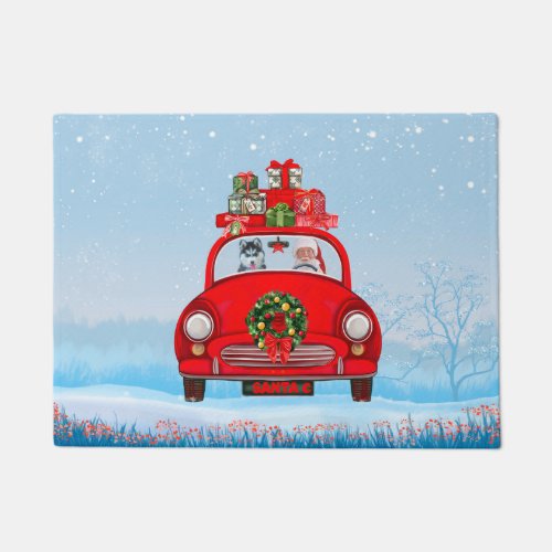 Siberian Husky Dog In Car With Santa Claus Doormat