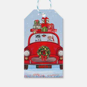 Siberian Husky Dog In Car With Santa Claus  Gift Tags