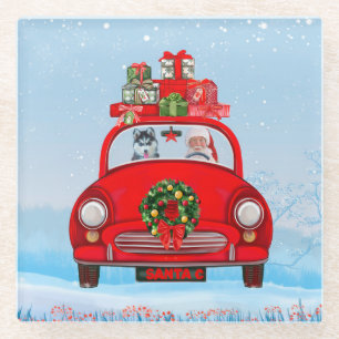 Siberian Husky Dog In Car With Santa Claus Glass Coaster