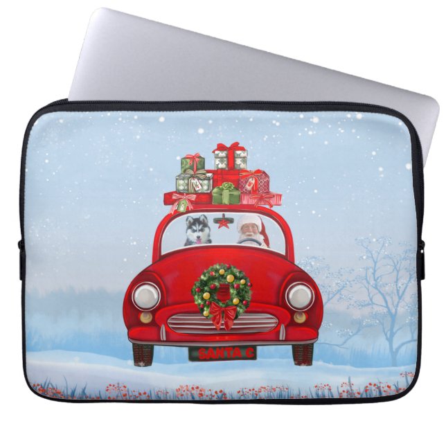 Siberian Husky Dog In Car With Santa Claus Laptop Sleeve (Front)