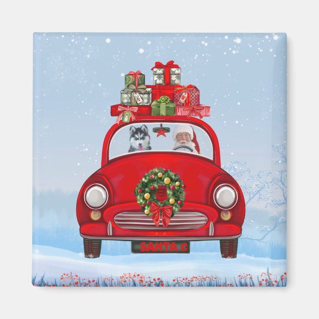 Siberian Husky Dog In Car With Santa Claus Magnet (Front)