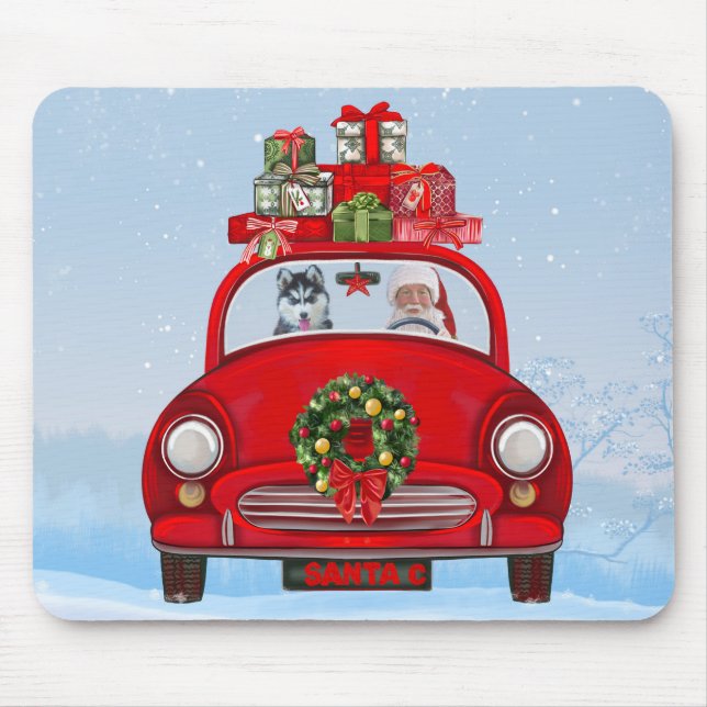 Siberian Husky Dog In Car With Santa Claus Mouse Pad (Front)