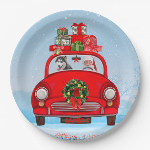 Siberian Husky Dog In Car With Santa Claus Paper Plates