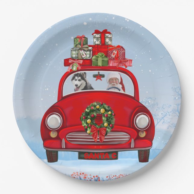 Siberian Husky Dog In Car With Santa Claus Paper Plates (Front)