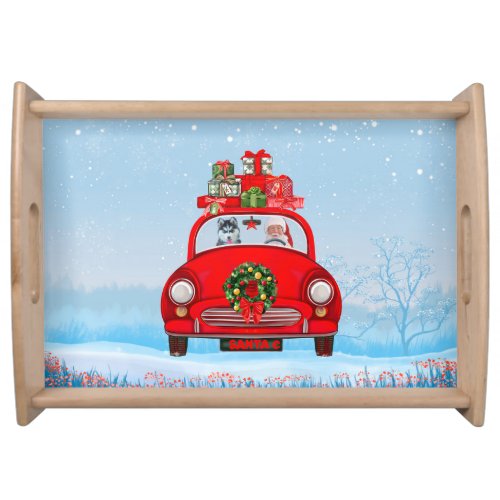 Siberian Husky Dog In Car With Santa Claus  Serving Tray