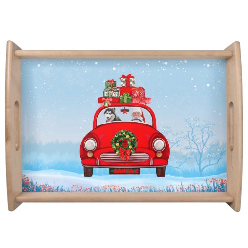 Siberian Husky Dog In Car With Santa Claus  Serving Tray