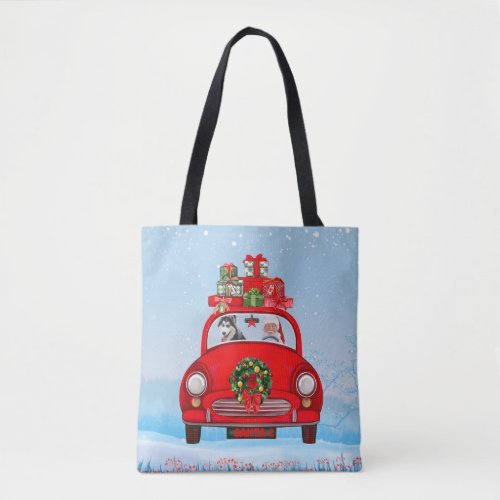 Siberian Husky Dog In Car With Santa Claus Tote Bag