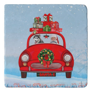Siberian Husky Dog In Car With Santa Claus Trivet