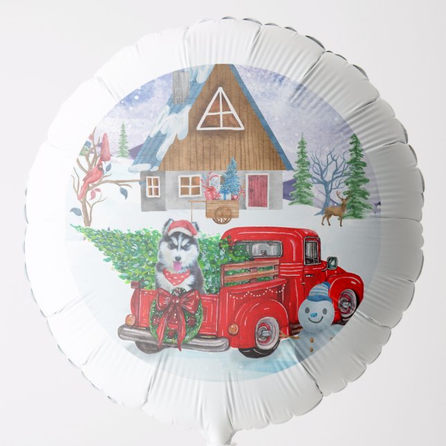 Siberian Husky Dog In Christmas Delivery Truck Balloon (Front)