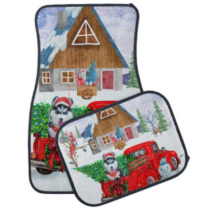 Siberian Husky Dog In Christmas Delivery Truck Car Floor Mat