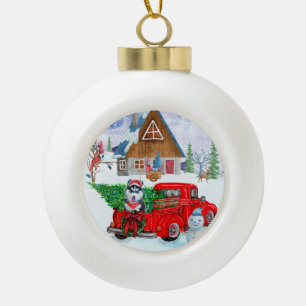 Siberian Husky Dog In Christmas Delivery Truck Ceramic Ball Christmas Ornament