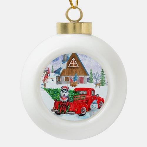 Siberian Husky Dog In Christmas Delivery Truck  Ceramic Ball Christmas Ornament