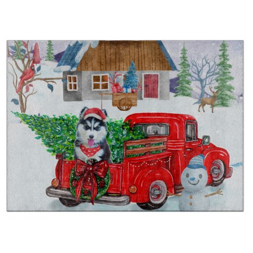 Siberian Husky Dog In Christmas Delivery Truck  Cutting Board