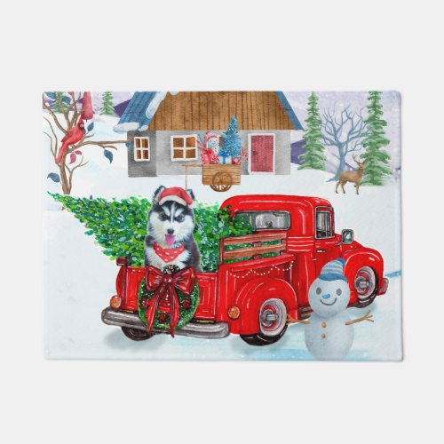 Siberian Husky Dog In Christmas Delivery Truck Doormat