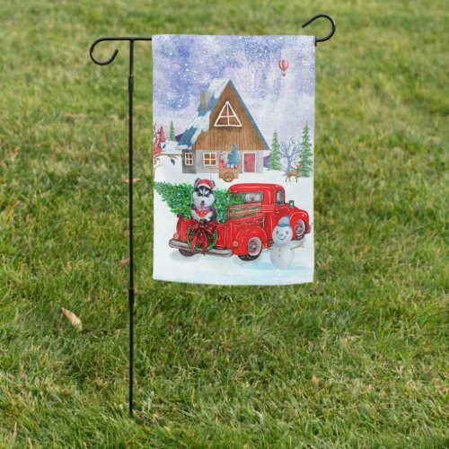 Siberian Husky Dog In Christmas Delivery Truck  Garden Flag