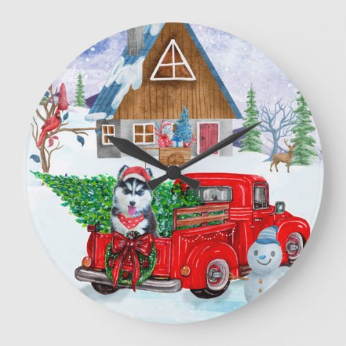 Siberian Husky Dog In Christmas Delivery Truck Large Clock