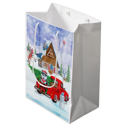 Siberian Husky Dog In Christmas Delivery Truck  Medium Gift Bag