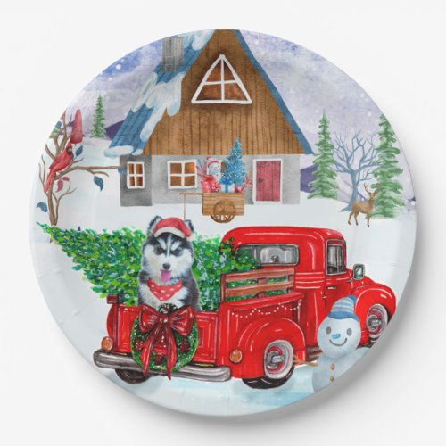 Siberian Husky Dog In Christmas Delivery Truck  Paper Plates