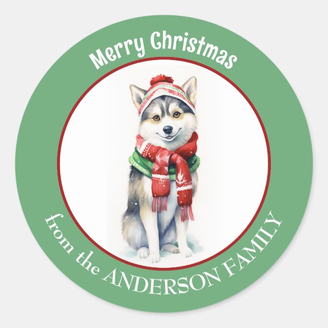 Siberian Husky Dog in Red Christmas Scarf and Hat Classic Round Sticker (Front)