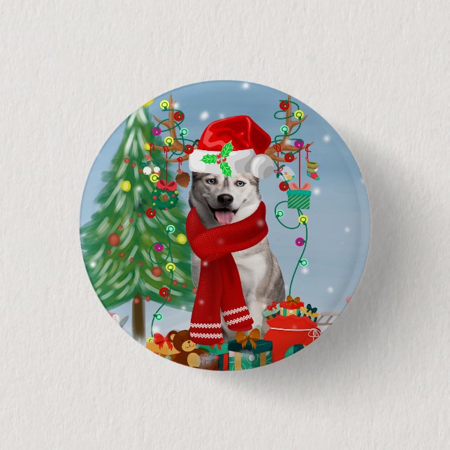 Siberian Husky Dog in Snow Christmas Button (Front)