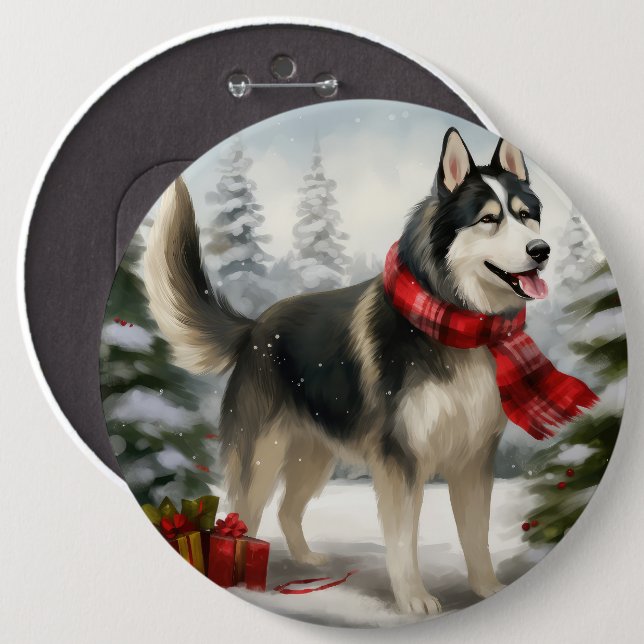 Siberian Husky Dog in Snow Christmas Button (Front & Back)