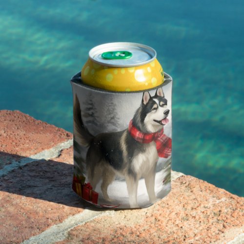 Siberian Husky Dog in Snow Christmas Can Cooler