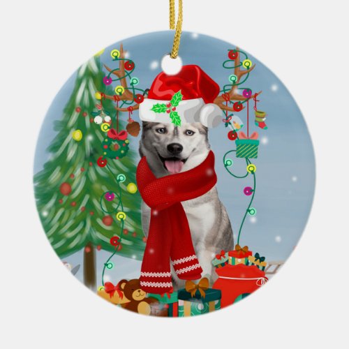 Siberian Husky Dog in Snow Christmas  Ceramic Ornament