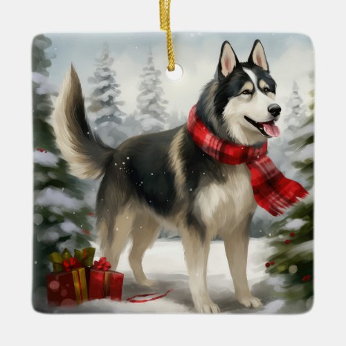 Siberian Husky Dog in Snow Christmas Ceramic Ornament