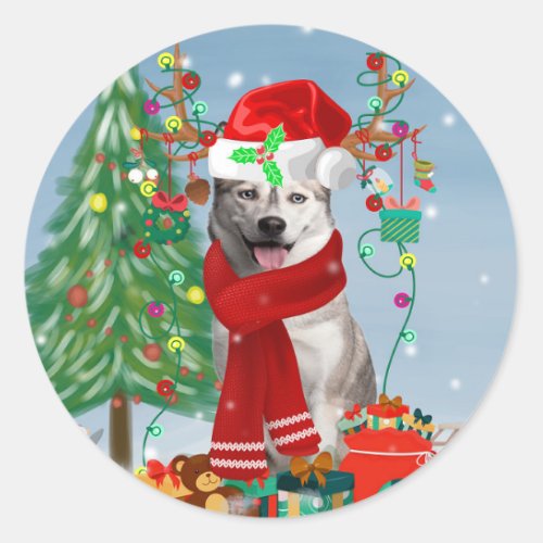 Siberian Husky Dog in Snow Christmas  Classic Round Sticker