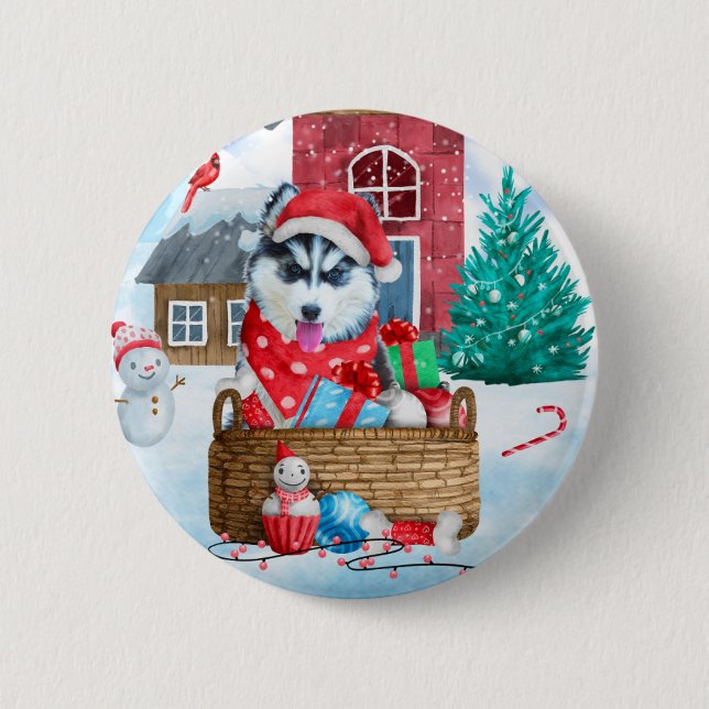 Siberian Husky Dog In snow Christmas Dog House Button (Front)