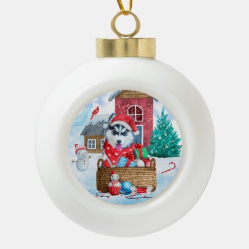 Siberian Husky Dog In snow Christmas Dog House Ceramic Ball Christmas Ornament