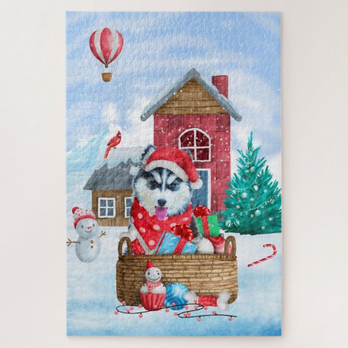 Siberian Husky Dog In snow Christmas Dog House Jigsaw Puzzle