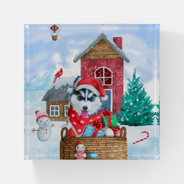 Siberian Husky Dog In snow Christmas Dog House Paperweight (Front)